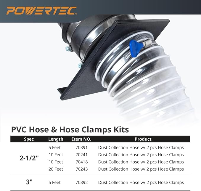 POWERTEC 2-1/2" x 5' PVC Dust Collection Hose with 2pcs Stainless Steel Key Hose Clamps for Table Saw, Band Saw, Router Table, Belt Sander, Woodworking and Wood Shop Dust Collection System (70391)