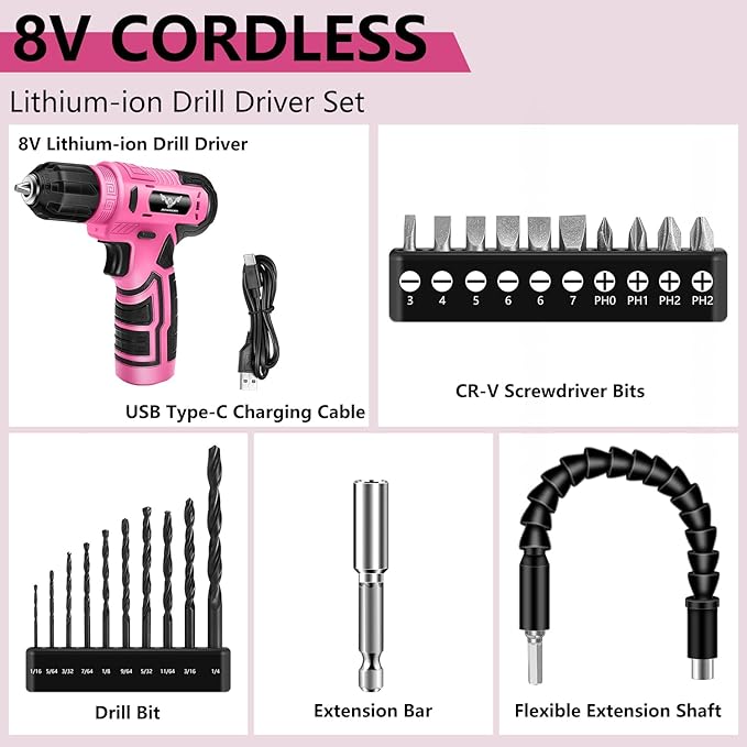 JENABOM 8V Power Cordless Drill, Electric Screwdriver for Women, Pink Drill Set with 3/8"Keyless Chuck, Built-in LED, Type-C Charge Cable, Variable Speed Trigger