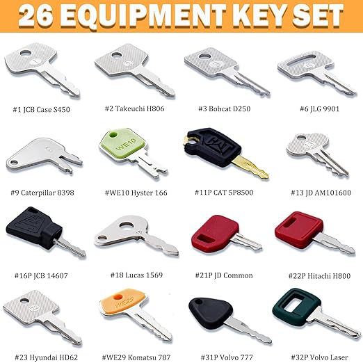 26 Heavy Equipment Master Keys, Construction Mchinery Key Set for Cat Caterpillar John Deere Case Bobcat JLG JCB Volvo Hyster New Holland Yanmar Takeuchi Kubota Komatsu