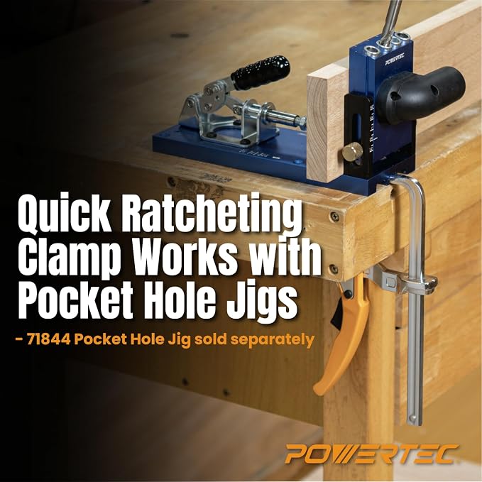POWERTEC 71542V Quick Release Ratcheting Table Clamp for MFT and Guide Rail System, 7" Capacity (178mm) x 2-3/8" Throat Depth, 2 PK
