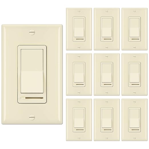 BESTTEN 10 Pack Almond Dimmer Light Switch, 3 Way or Single Pole Dimmer Switches, for Dimmable LED, Halogen and Incandescent Bulbs, 120V, Decorator Wall Plate Included, UL Listed