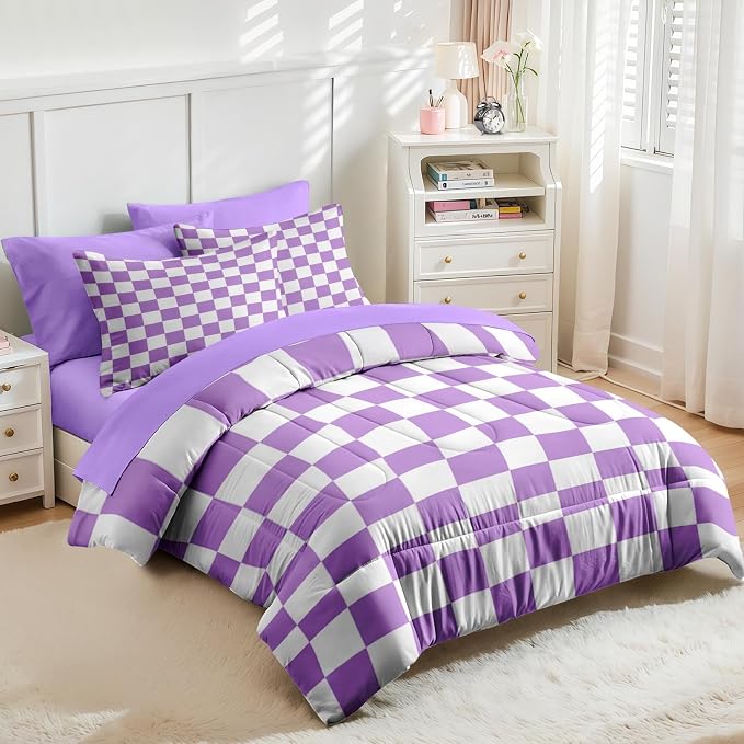 Nesker Comforter Set King Size, Purple Plaid Gingham 7 Pcs Bedding for Kids and Adults, Checkerboard Grid Bed Sheet Sets with Fitted Sheet 2 Pillowcases & 2 Shams