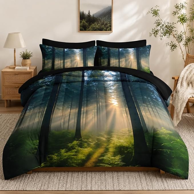 Nesker Comforter Set King Size, Sunlit Forest Nature 7 Pcs Bedding for Kids and Adults, Misty Tree Forest Bed Sheet Sets with Fitted Sheet 2 Pillowcases & 2 Shams