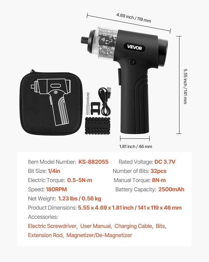 VEVOR 4V Electric Screwdriver, Cordless Screwdriver Set, 7 Torque Settings, 0.5 to 5N.m, 32 PCS 1/4 in Bits, Digital Display, LED Light, Type-C Charging, Ideal Tool for Furniture & Gaming PC