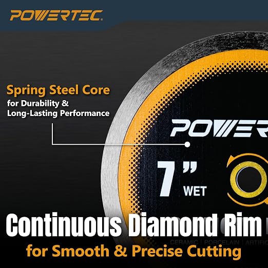 POWERTEC 7" Continuous Rim Diamond Saw Blade for Wet Tile Saw, Diamond Blade for Cutting Ceramic, Porcelain, Natural Stone Tile, Wet Cutting Only 7 inch Diamond Blades, 1 Pack (14008)
