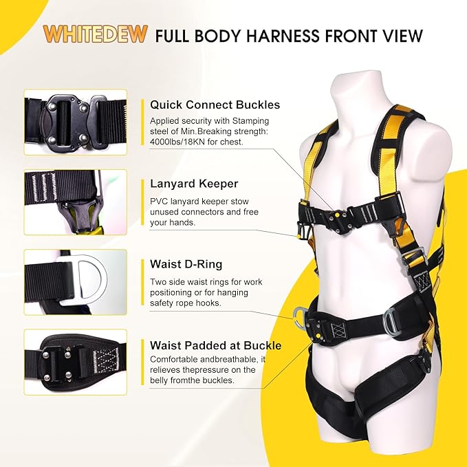 Fall Protection Premium Safety Harness with Shock Absorbing Lanyard, Vented & Padded Shoulder, Legs & Back - Upgrade 4 Quick Buckles (Yellow)
