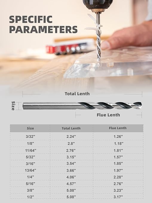HIGHFIRE 3/32" Jobber Length Drill Bits, Pack of 12 pcs, High Speed Steel Twist Drill Bit with Storage Case, 135 Degree Tip for Wood, Metal, Steel, Plastic, Aluminum Alloy