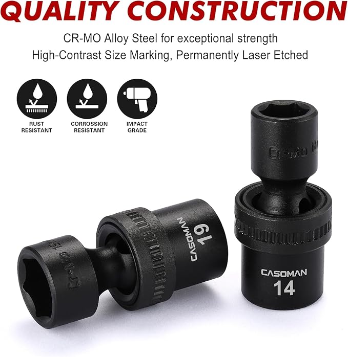 CASOMAN 15 PCS 1/2" Drive Standard Universal Impact Socket Set, 6 Point, Metric,10-24mm
