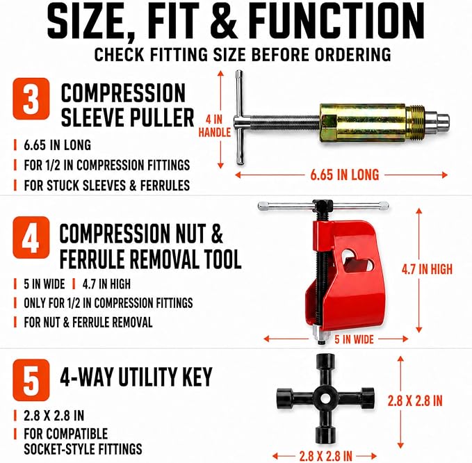 10 Pcs Angle Stop Wrench Kit Plumbing Tool for Under Sink Valve Repair Set | With Compression Sleeve Puller, Ferrule Removal Tool, 4-Way Utility Key, Dual-End MPT Socket and 5 180-Grit Polishing Discs