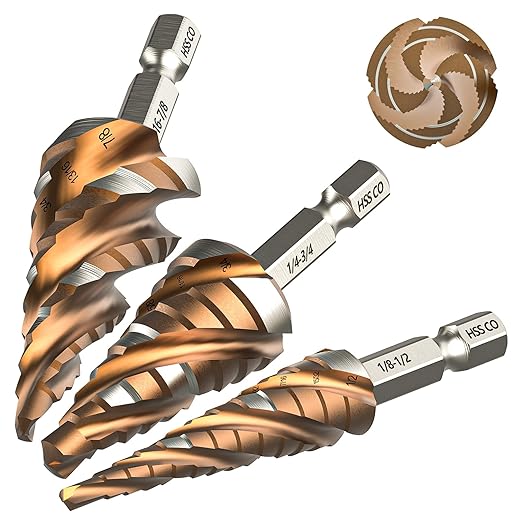 M35 Cobalt HSS Step Drill Bit Set, Four Spiral Flute Unibit Step Bits 1/8"-7/8" with Wear-Resistant TiAlN Coated, 1/4" Hex Shank for Metal,Stainless Steel, Carbon Steel,Wood, Plastic (3Pcs)