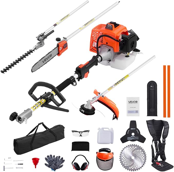 VEVOR Gas Hedge Trimmer, 2 Cycle Gas Power Handheld Hedge Trimmer, 5-in-1 63cc Cordless Weed Eater with Protective Gear Set, Includes Hedge and String Trimmer, Brush Cutter(3T & 40T Blades), Pole Saw