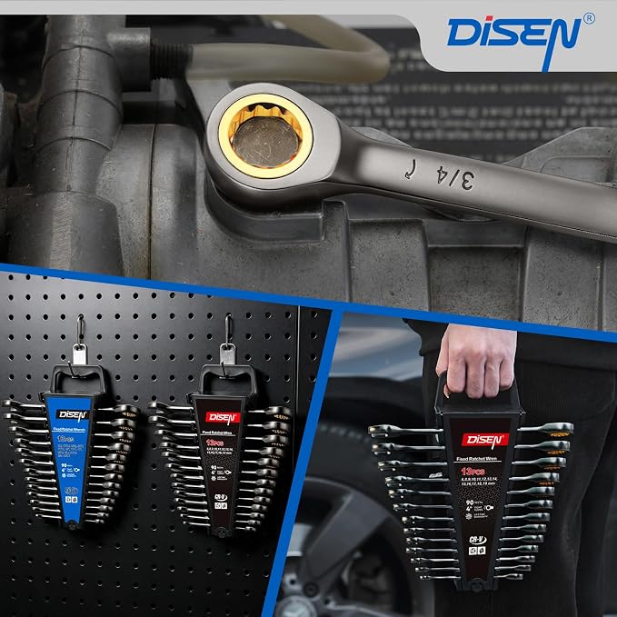 DISEN Ratcheting Wrenches Set 90 Tooth Fixd-Head with Nickel Plating 26 Pcs | Ratchet Wrenches Set 13pcs Metric(6-19MM) +13pcs SAE (1/4-13/16In) with Organizer Racks per Set, Cr-V, for DIY Holiday Gift