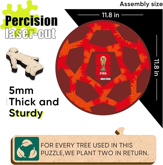 FIFA World Cup 2026 Soccer Wooden Puzzle for Adults, 5MM Thick, Canada Ball Puzzle for Soccer Fans, Officially Licensed Product, 200 Pieces Irregular Shape Jigsaw Puzzles,10 x 10