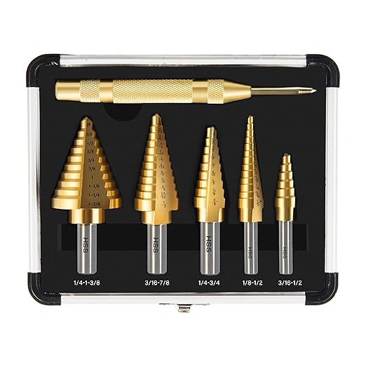 Step Drill Bit Set, 6 Pcs Titanium High Speed Steel Step Drill Bits with Extra Automotive Center Punch for Metal, Wood & Plastic, with Aluminum Case, 50 Sizes