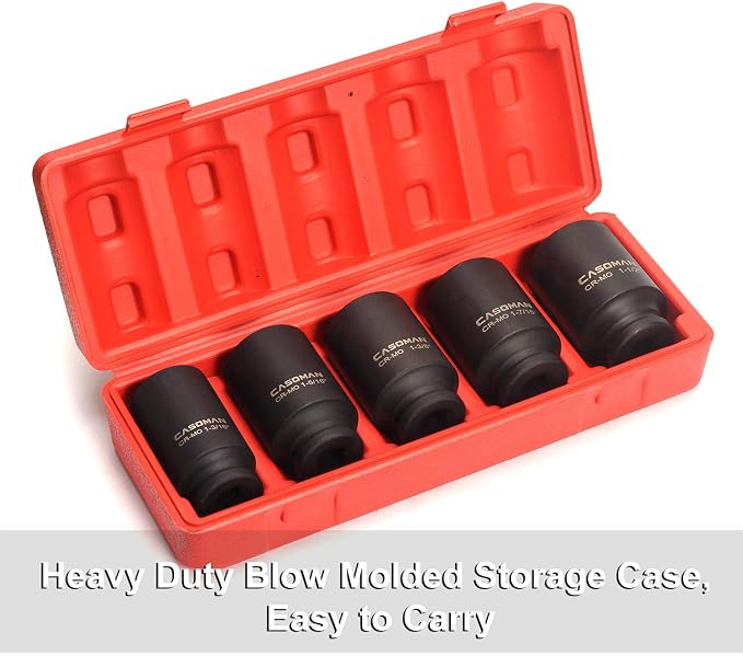 CASOMAN 1/2-Inch Drive Deep Spindle Axle Nut Impact Socket Set, 1/2" Drive Deep Impact Socket Set, Inch, Cr-Mo, 6-Point, 1-3/16-Inch - 1-1/2-Inch, 5 Piece Axle Socket Set
