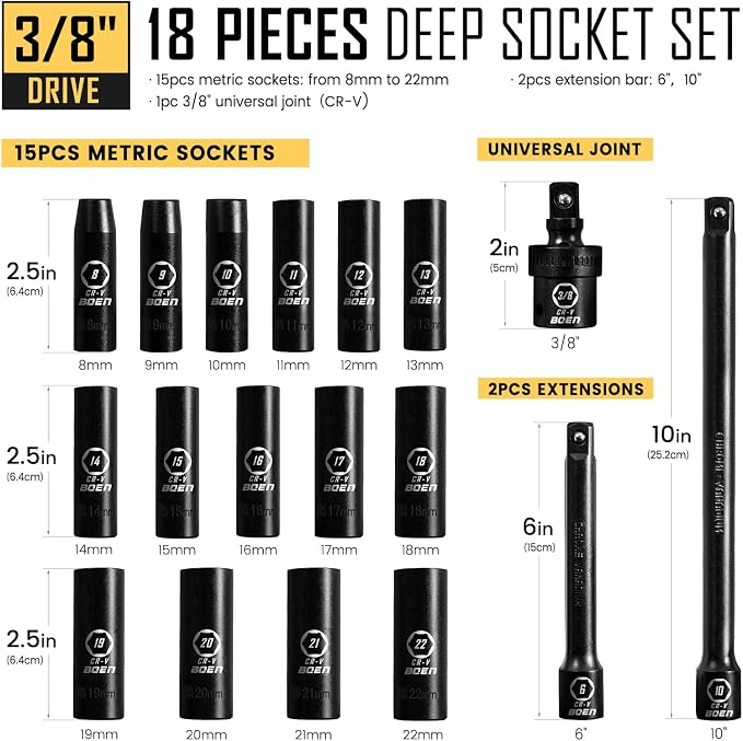 BOEN 3/8" Drive Deep Impact Socket Set, 18 Piece Metric Socket Set 8mm to 22mm, Includes 6", 10" Extension Bars, Universal Joint, 6 Point Design, Cr-V Steel, Heavy Duty Storage Case
