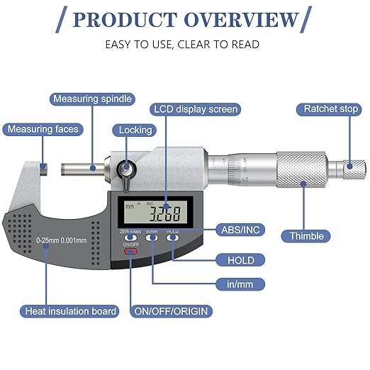 HDLKNAK Dual-Mode Micrometer, Digital Outside Micrometer Precision Measuring Tool, 0-1"/0-25 mm, Inch/Metric 0.00005"/0.001 mm, Machinist Thickness Gauge Tool, Large LCD Display with Protective Case.