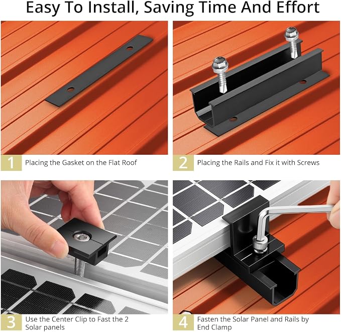 Anbte Solar Panel Mounting Brackets for Roof, Aluminum Solar Rails, Black | Solar Panel Mounting Kit For 4 Panels, Included 10 X 4.72 In Rails+4 X 1.57" End/Mid Clamps +1 Wrench, For Roof, RV, Boat
