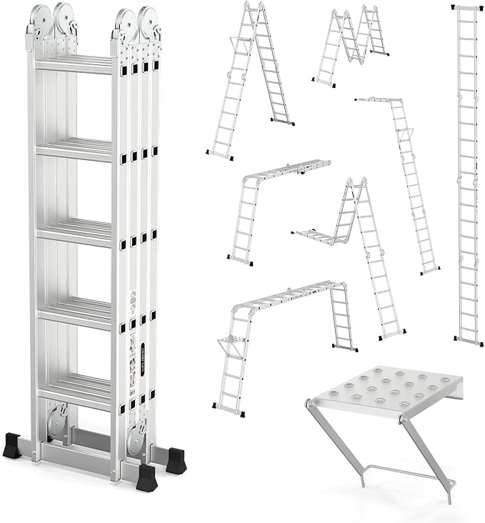 18.5 FT Folding Ladder, LUISLADDERS Multi-Purpose Ladder, Aluminium Extension Ladders 7 in 1 Heavy Duty Combination EN 131 Standard