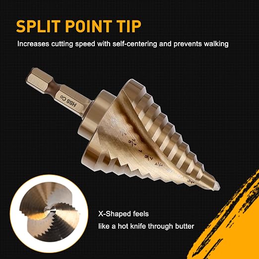 6PC Cobalt Step Drill Bit Set, Hex Shank Step Drill with Two Spiral Flutes and Automatic Center Punch for Metal, Stainless Steel, Aluminum, Wood, and Plastic with Aluminum Case, 50 Sizes