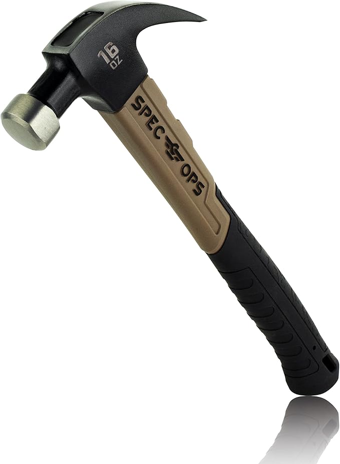 Spec Ops Tools Fiberglass Hammer, 16 oz, Smooth Face, Curved Claw, Shock-Absorbing Grip, 3% Donated to Veterans
