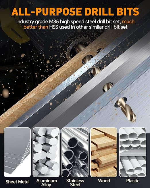 COMOWARE 15Pcs Drill Bit Set (1/16"-3/8"), M35 HSS Twist Drill Bits, Jobber Length, Straight Shank, Metal Drills bit Set for Steel, Stainless Steel/Iron/Wood/Plastic, with Storage Case