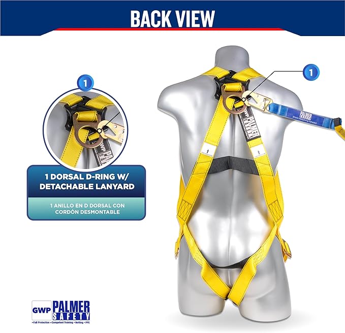Safety Harness w/Detachable 6 ft Lanyard I Single Leg Lanyard w/Internal Shock Absorbing & Snap Hook