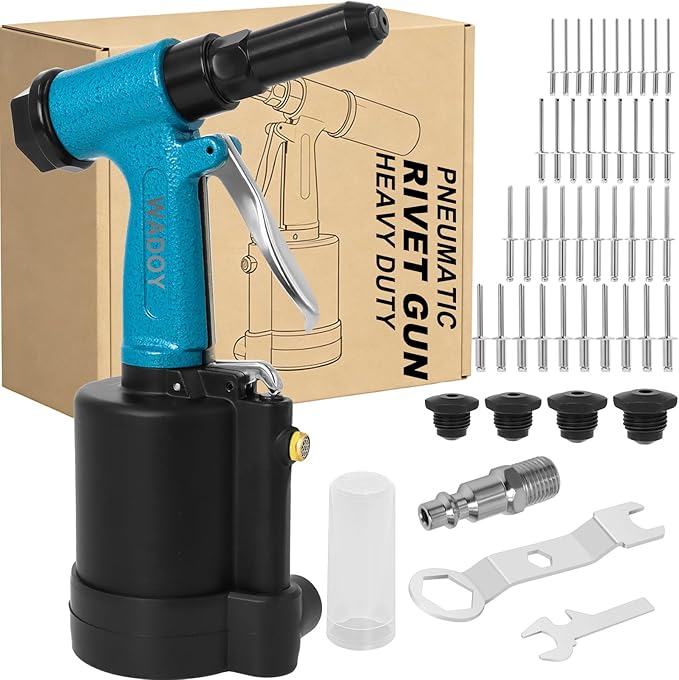 Wadoy Air Rivet Gun Kit,3500 lbf Pneumatic Rivet Gun Heavy Duty Air Riveter with 4 Nosepieces (3/32",1/8",5/32",3/16")&Hydraulic Riveting System, Industrial Air Rivet for Manufacturing, Metal Work