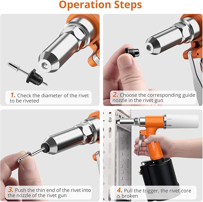 Proster Pneumatic Tool Air Riveter - 4 Nozzles Pneumatic Rivet Gun, 6-8KG/C2 Heavy-Duty Air Pop Riveter for 3/32", 1/8", 5/32", 3/16" Capacity 3104LBF