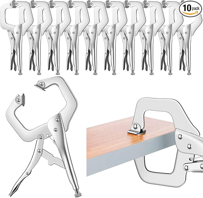 Yexiya 10 Pcs Locking C Clamp, Locking Pliers Adjustable Welding Clamp with Regular Tip and Swivel Pad for Shop Home Farm and Auto Workshop Woodworking, Cabinetry, Repair (11 Inch)