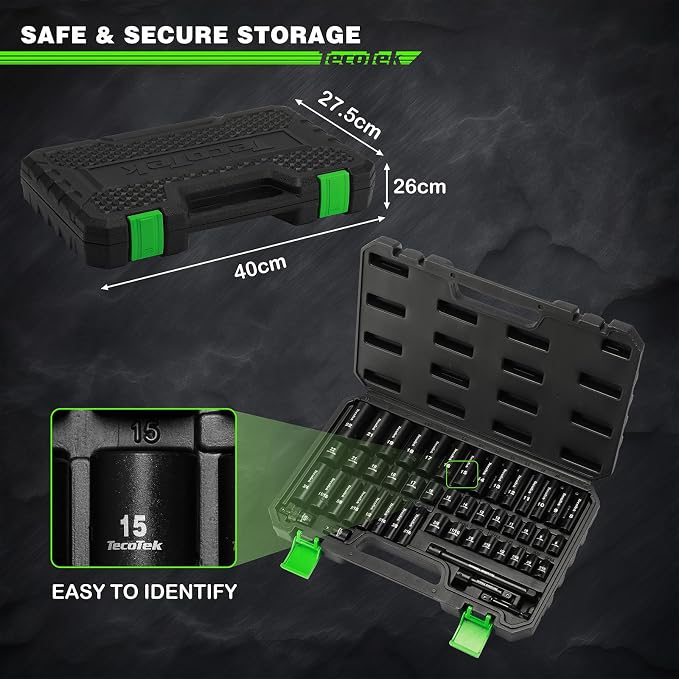 TecoTek 3/8" Drive Impact Socket Set, 49-Piece Standard SAE (5/16"-3/4") and Metric (8mm-22mm), 6 Point, Cr-V, Extension Bars, 1/2" F to 3/8" M Reducer, Universal Joint and Power Drill Adapter
