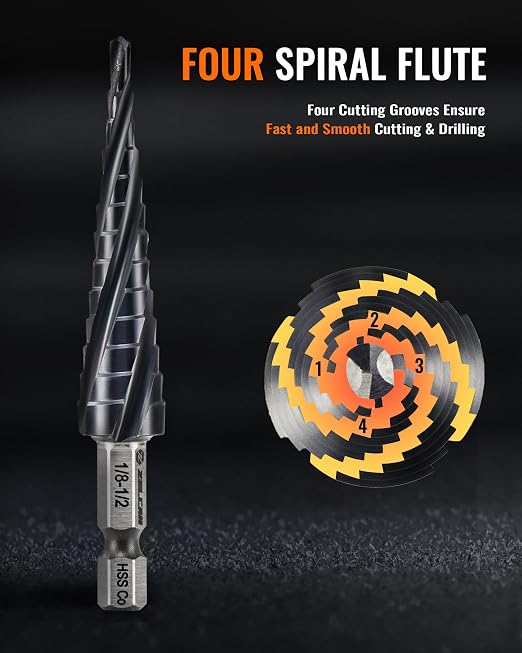 13 Sizes M35 Cobalt Step Drill Bit, 1/8" to 1/2" Four Spiral Flute Step Drill Bit for Metal, Titanium-Coated HSS Step Bit with 1/4" Hex Shank for Stainless Steel Aluminum Copper Wood Plastic