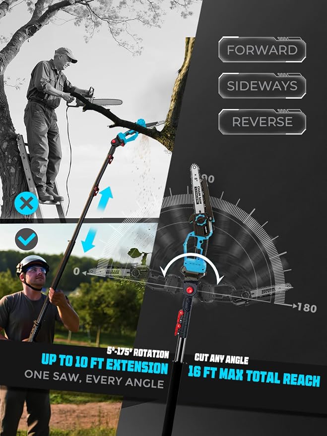 8 & 6 Inch Electric Pole Saw for Tree Trimming, 2-in-1 Mini Chainsaw & Pole Saw, 2x4000mAh Batteries, 16 ft Reach, Auto Oiling, Tool-Free Tensioning, Tree Trimmer for Branch Limb Cutting