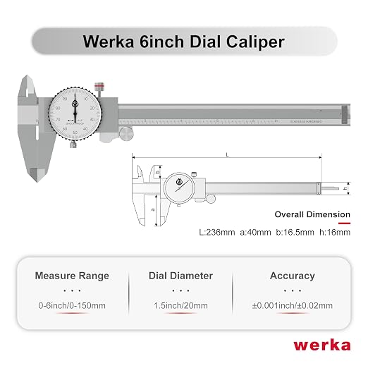 werka Dial Caliper 6 Inch, Shockproof Dial Caliper Measuring Tool with 0.001" Precision Micrometer Caliper with Custom Case, 4-Way Measurement, Stainless Steel