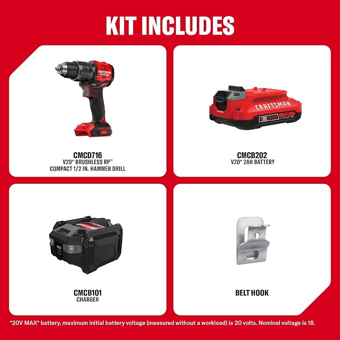 CRAFTSMAN V20* Brushless RP Compact 1/2-in Hammer Drill Kit (CMCD716D1)