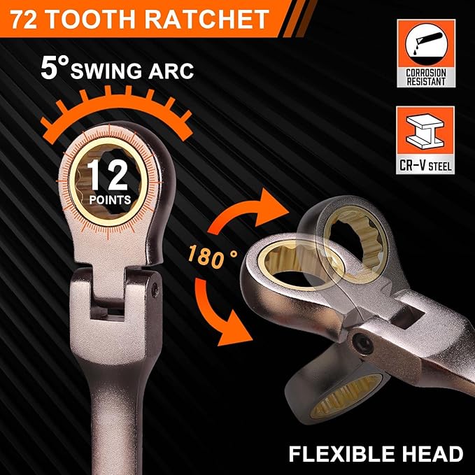 Qnkaa Flexible Ratcheting Wrench Set 12pcs Metric 8-19mm Flex-Head Spanner Gear Ring Ratchet Combination Wrenches Kit with Portable Organizer
