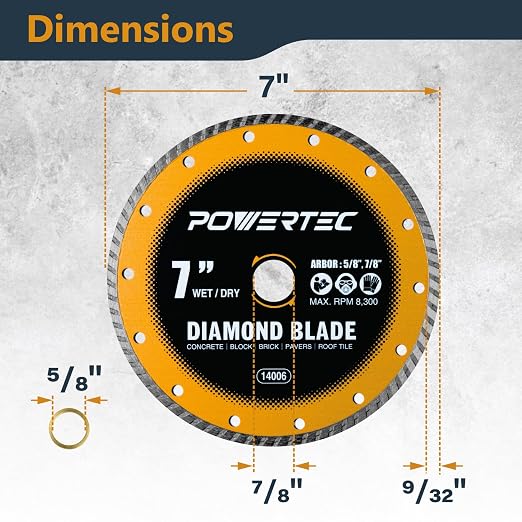 POWERTEC 7" Turbo Diamond Saw Blade for Wet Tile Saw, Diamond Blade for Cutting Concrete, Granite, Brick, Paver, Roofing Tile, 7 inch Diamond Blades for Wet/Dry Cutting, 1 Pack (14006)
