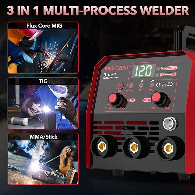 120A Mig Welder, 3 IN 1 Gasless Flux Core MIG/Lift TIG/Stick Welder Machine with Synergy, 110V Multiprocess Welding Machine with Welding Googles Rods Wire for Beginners & Professionals