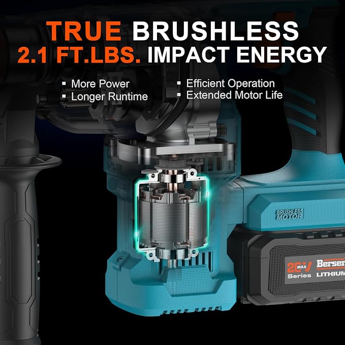 Berserker 1-1/8" SDS-Plus Cordless Rotary Hammer Drill for Concrete 111Plus | 2 x 20V 4.0Ah Lithium-Ion Battery Powered w/ 3A Charger,4 Functions Brushless Motor Variable Speed Safety Clutch Rotomartillo