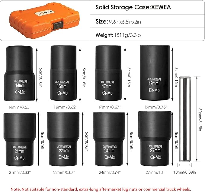 XEWEA 9PCS Lug Nut Extractor Set, 1/2" Drive Impact Bolt Nut Socket Remover | Impact Wheel Lock Removal Kit, Easy Out Extractor Set for Damaged, Frozen, Rusted, Rounded-Off Bolts Nuts,CR-Mo