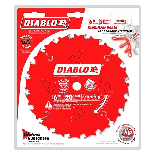 Diablo Framing Saw Blade for Wood - 6" Diameter, 20 ATB Teeth, 1/2" Arbor, .049" Kerf, 18° Hook Angle, .039" Plate, 12000 Max RPM - D0620X