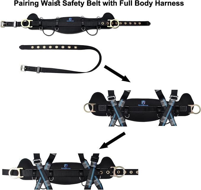 Safety Harness Climbing Belt - Tongue Buckle Safety Belt With Ventable & Moisture-Wicking Waist Pad and 2 Side D-Rings Personal Fall Protection Safety Belt for Work Positioning Restraint