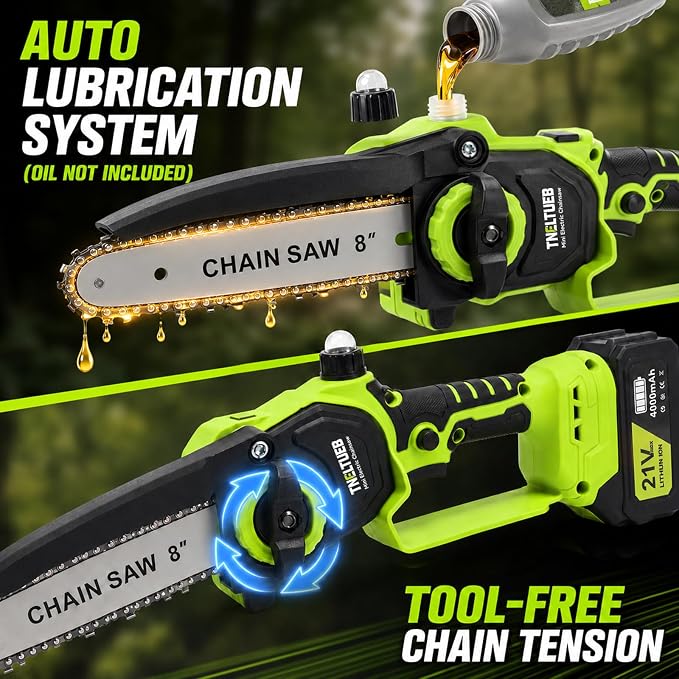 TNELTUEB Mini Chainsaw, 6" & 8" Cordless Electric Chainsaw, 4.0Ah Batteries | 2 Battery Powered Chainsaw, 1000W Brushless Handheld Chainsaw For Tree Trimming, Auto Oiler, Small Chain Saw Gift For Men Dad