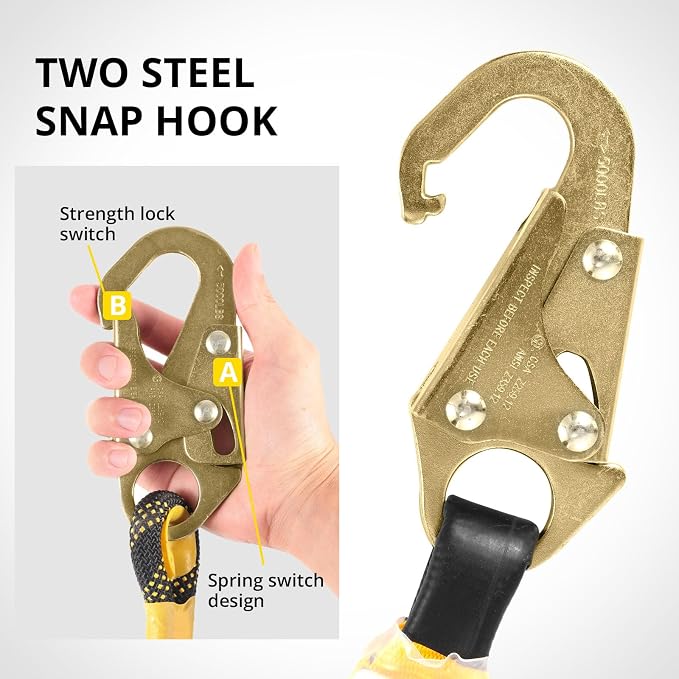 TRSMIMA Rope Harness Safety Lanyard：150ft Roofing Rope Fall Protection | Vertical Safety Harness Rope With Grab Snap Hooks Shock Absorber - Tree Climbing Line Kit Heavy Duty Safety Equipment ANSI CE