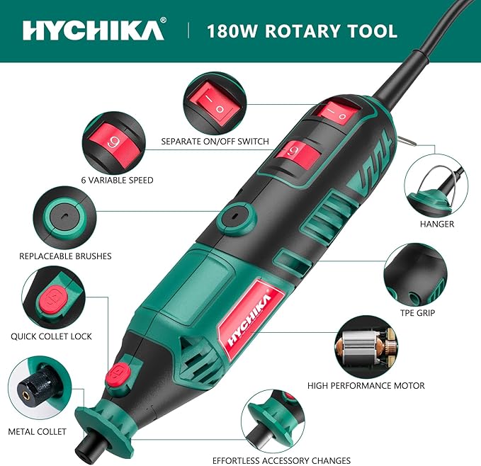 HYCHIKA 180W Rotary Tool, Variable Speed Rotary Tool Kit with Flex Shaft, 173pcs Accessories Kit & 8000-35000RPM Multi-Tool, Perfect for Cutting, Detail Sanding, Engraving, Wood Carving, and Polishing