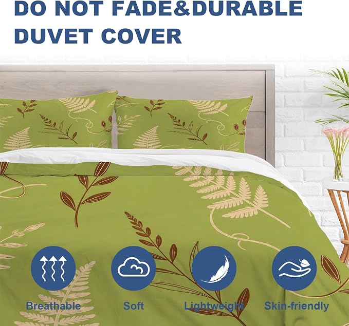 Batmerry Green Brown Branch Leaves Full Size 100% Cotton Duvet Cover Sets, Minimalist Plant Illustration Bedding Set with Zipper Closure Corner Ties, 3 Pieces (1 Cover + 2 Pillowcases No Comforter)