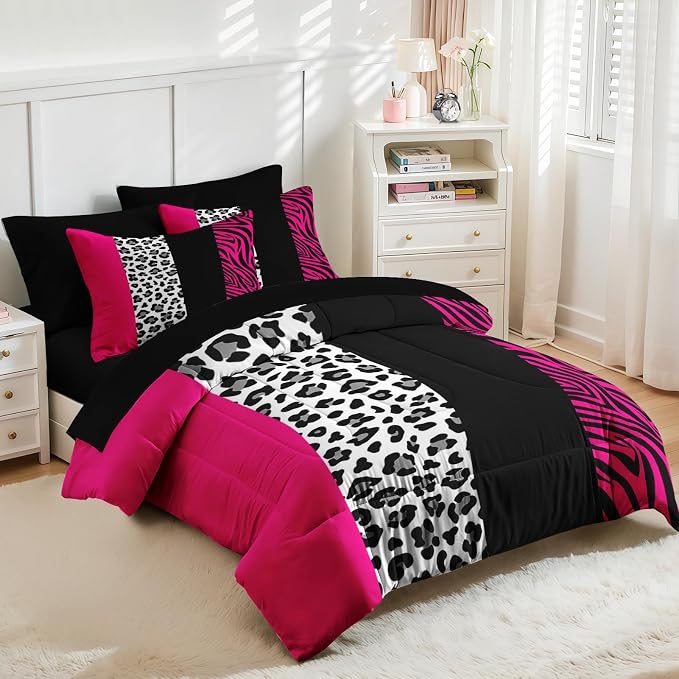 Nesker Comforter Set Queen Size, Leopard Color Block Pink 7 Pcs Bedding for Kids and Adults, Wild Zebra Print Bed Sheet Sets with Fitted Sheet 2 Pillowcases & 2 Shams
