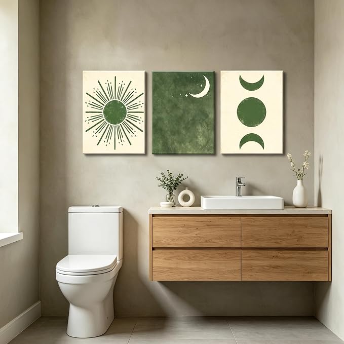 Frimeeme Boho Sun and Moon Canvas Wall Art Set of 3, Mid Century Modern Minimalist, Living Room Bedroom Decor, 12x16 Inch,Framed