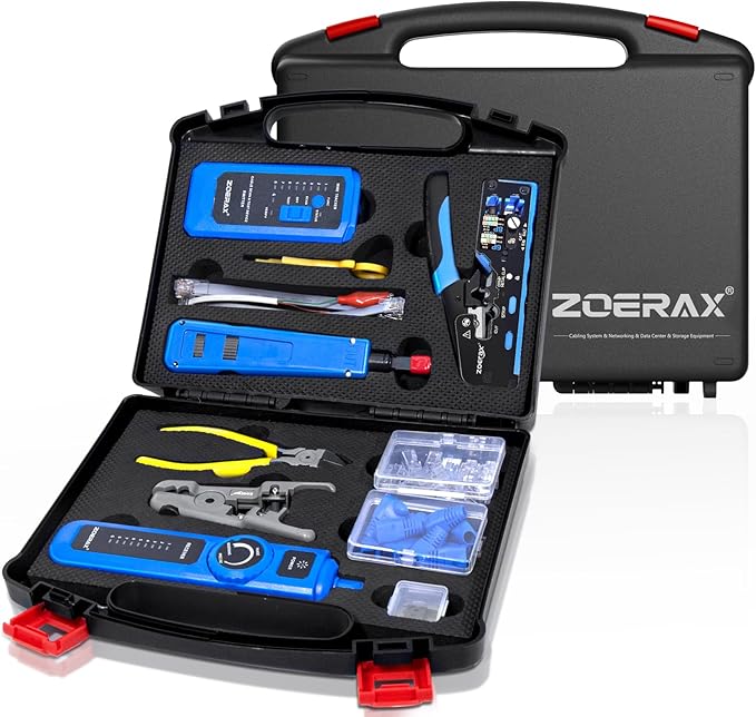 Professional Network Tool Kit, ZOERAX 14 in 1 - RJ45 Crimp Tool, Cat6 Pass Through Connectors and Boots, Cable Tester, Wire Stripper, Ethernet Punch Down Tool