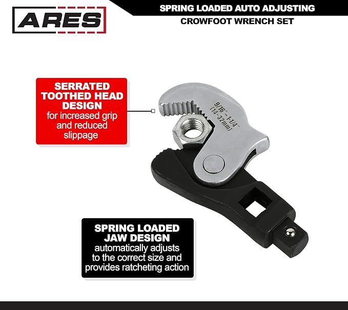 ARES 33008 2-Pc Auto Adjusting Crowfoot Wrench Set - 8-32mm Coverage | Spring-Loaded; Male & Female Square Drives for Increased Versatility